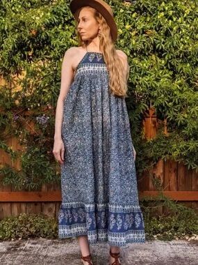 Fox in Gown Bohemian Blue Halter Maxi Dress Cotton Block Print M